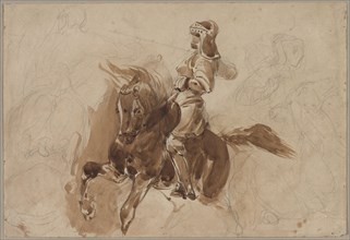 Armored Figure on Horseback (recto), c. 1828. Eugène Delacroix (French, 1798-1863). Graphite and