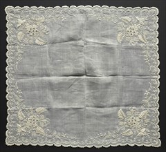 Handkerchief, 1857. Madeira, 19th century. Plain weave cotton? with cotton? embroidery; average: 45