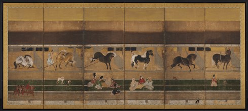 Horses and Grooms in the Stable, early 1500s. Tosa School (Japanese). Six-panel folding screen;