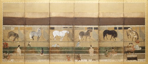Horses and Grooms in the Stable, early 1500s. Tosa School (Japanese). Pair of six-panel folding