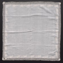 Handkerchief, early 1800s. France, early 19th century. Embroidery on linen ground; lace edging;
