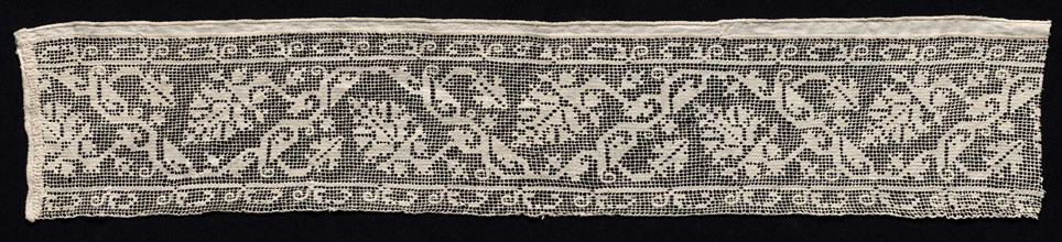 Fragment of a Band with Vines and Leaves, 1600s. Italy, 17th century. Needle lace, filet/lacis
