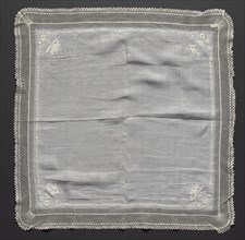 Handekrchief, early 1800s. France or Flanders, early 19th century. Embroidery on linen ground; lace