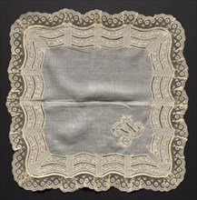 Handkerchief, 1800s. France, 19th century. Embroidery on linen ground; lace edging; overall: 47.6 x
