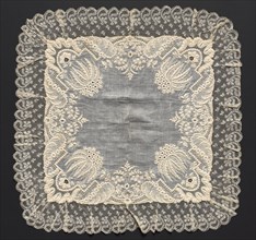 Handkerchief, early 1800s. Flanders, early 19th century. Embroidery on linen ground; lace edging;