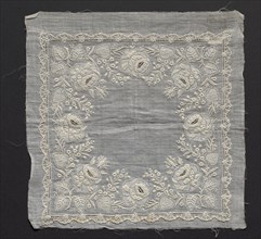 Handkerchief, 1800s. England ?, 19th century. Embroidery; linen; overall: 15.6 x 20.7 cm (6 1/8 x 8