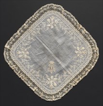 Handkerchief, 1800s. France or Flanders, 19th century. Embroidery on linen ground; lace edging;