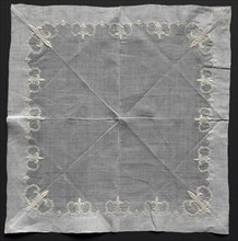 Handkerchief, 1800s. France, 19th century. Embroidery: linen; overall: 37.5 x 37.5 cm (14 3/4 x 14