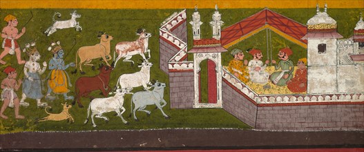 Krishna and Balarama Approaching Mathura, c. 1740-1750. India, Rajasthan, Kota, 18th century. Color