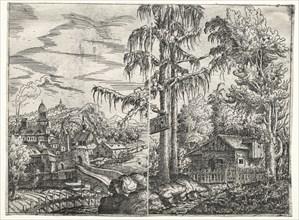 Landscape with the Town on a River and The Cottage between Trees, 1551. Hanns Lautensack (German,