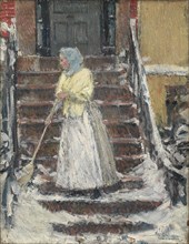 Sweeping Snow, 1890s. Childe Hassam (American, 1859-1935). Oil on canvas; unframed: 23 x 18 cm (9