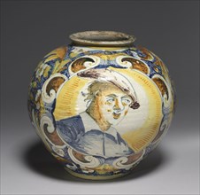 Pharmacy Jar, 1560-1575. Italy, Sicily, Caltagirone, 16th century. Tin-glazed earthenware