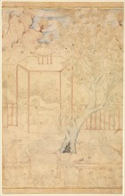 Master and Disciple in a Garden Pavillion; Single Page Illustration, c. 1570-1590s. Iran, Qazvin,