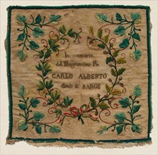 Sampler, 1800s. Italy, 19th century. Embroidered linen or cotton; overall: 44.5 x 45.8 cm (17 1/2 x