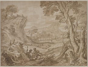 Landscape with Shepherds, c. 1700?. Domenico I Piola (Italian, 1627-1703). Pen and brown ink and