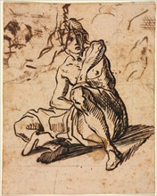 Seated Figure, 1600s. Italy, 17th century. Pen and brown ink (iron gall?) over black chalk; squared