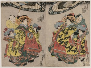 The Courtesans Hanamurasaki and Koshikibu of the Tamaya Promenading in the Rain, c. early 1830s.