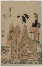 Young Woman Kneeling by a Stand with a Ceremonial Cap (from the series The Six Immortal Poets in