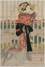 The Courtesan Meizan of the Chojiya on a Balcony Overlooking the Sumida River, ca. early or mid