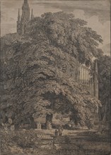 Gothic Church among Oaks, 1810. Karl Friedrich Schinkel (German, 1781-1841). Lithograph with tint