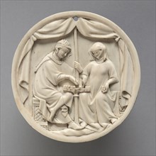 Mirror Case with a Couple Playing Chess, 1325-1350. France, Paris. Ivory; diameter: 10.2 x 1 cm (4