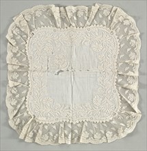 Handkerchief, late 1800s. France, 19th century. Embroidered cotton, bobbin lace; overall: 47 x 48.6
