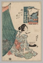 Woman with Papers in Mouth and Fan in Hand, 1789-1851. Keisai Eisen (Japanese, 1790-1848). Color