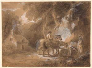 The Halt at the Spring. Attributed to Thomas Barker (British, 1769-1847). Charcoal heightened with