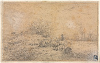 Herd of Pigs, c. 1845. Charles-Émile Jacque (French, 1813-1894). Graphite; framing lines in