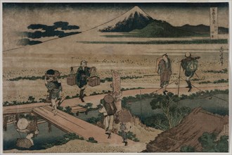 A View of Mount Fuji and Travellers by a Bridge, ca. 1835. Katsushika Hokusai (Japanese, 1760-1849)