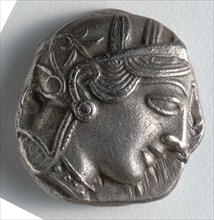 Tetradrachm:  Head of Athena (obverse), 500-430 BC. Greece, Athens, 5th century BC. Silver;