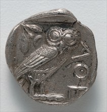 Tetradrachm:  Owl (reverse), 500-430 BC. Greece, Athens, 5th century BC. Silver; diameter: 2.4 cm