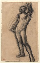 Nude Man Standing, with Left Hand Raised, c. 1900. Edgar Degas (French, 1834-1917). Charcoal;