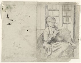 Knitting in the Library (recto), c. 1881. Mary Cassatt (American, 1844-1926). Graphite; sheet: 31.3