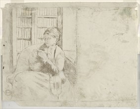 Knitting in the Library (verso), c. 1881. Mary Cassatt (American, 1844-1926). Soft ground lines
