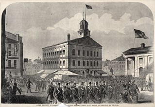 A New Regiment of Massachusetts Volunteers passing Faneuil Hall, Boston, on their way to War.