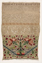 Sampler, 1600s. England, 17th century. Embroidery; linen and silk on linen; overall: 31.1 x 21.3 cm