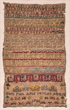 Sampler, 1752. England, 18th century. Embroidery; silk and wool on linen; overall: 33 x 20.4 cm (13