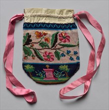 Beaded Bag (floral motif), 19th century. America, 19th century. Silksatin, glass beads, pink ribbon