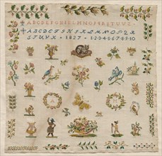 Sampler, 1827. Italy, 19th century. Embroidery; silk on linen; overall: 38.1 x 38.4 cm (15 x 15 1/8