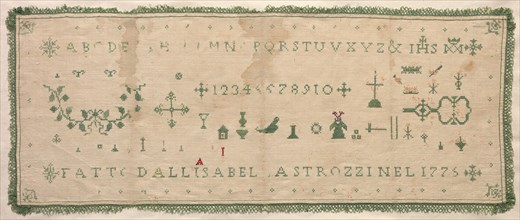 Sampler, 1775. Italy, 18th century. Embroidery; silk on linen; overall: 21 x 51.8 cm (8 1/4 x 20