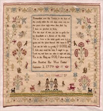 Sampler, 1779. England, late 18th century. Embroidery; silk on woolen canvas; overall: 32.2 x 30.5