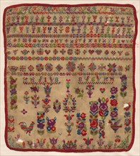 Sampler, 1886. Czechoslovakia, late 19th century. Embroidery; coarse linen ground, wool cross