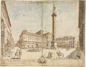 Eighteen Views of Rome: The Piazza Colonna, 1664. Lievin Cruyl (Flemish, c. 1640-c. 1720). Pen and