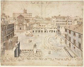 Eighteen Views of Rome: The Trevi Fountain, 1665. Lievin Cruyl (Flemish, c. 1640-c. 1720). Pen and