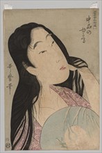 Bust of Woman with Loose Hair Holding Fan, 1753-1806. Kitagawa Utamaro (Japanese, 1753?-1806).