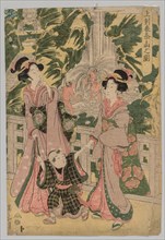 Two Girls and Child on Temple Bridge, 1787-1867. Kikugawa Eizan (Japanese, 1787-1867). Color
