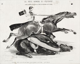 Les petits bonheurs de l'équitation:  Jeune Groom qui n'a pas la force de retenir son cheval, 1842.