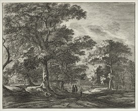 Six view in the wood of the Hague:  Two Men Preceded by a Hunter. Roelant Roghman (Dutch,