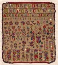 Sampler, 1891. Czechoslovakia, late 19th century. Embroidery; coarse linen ground, wool cross
